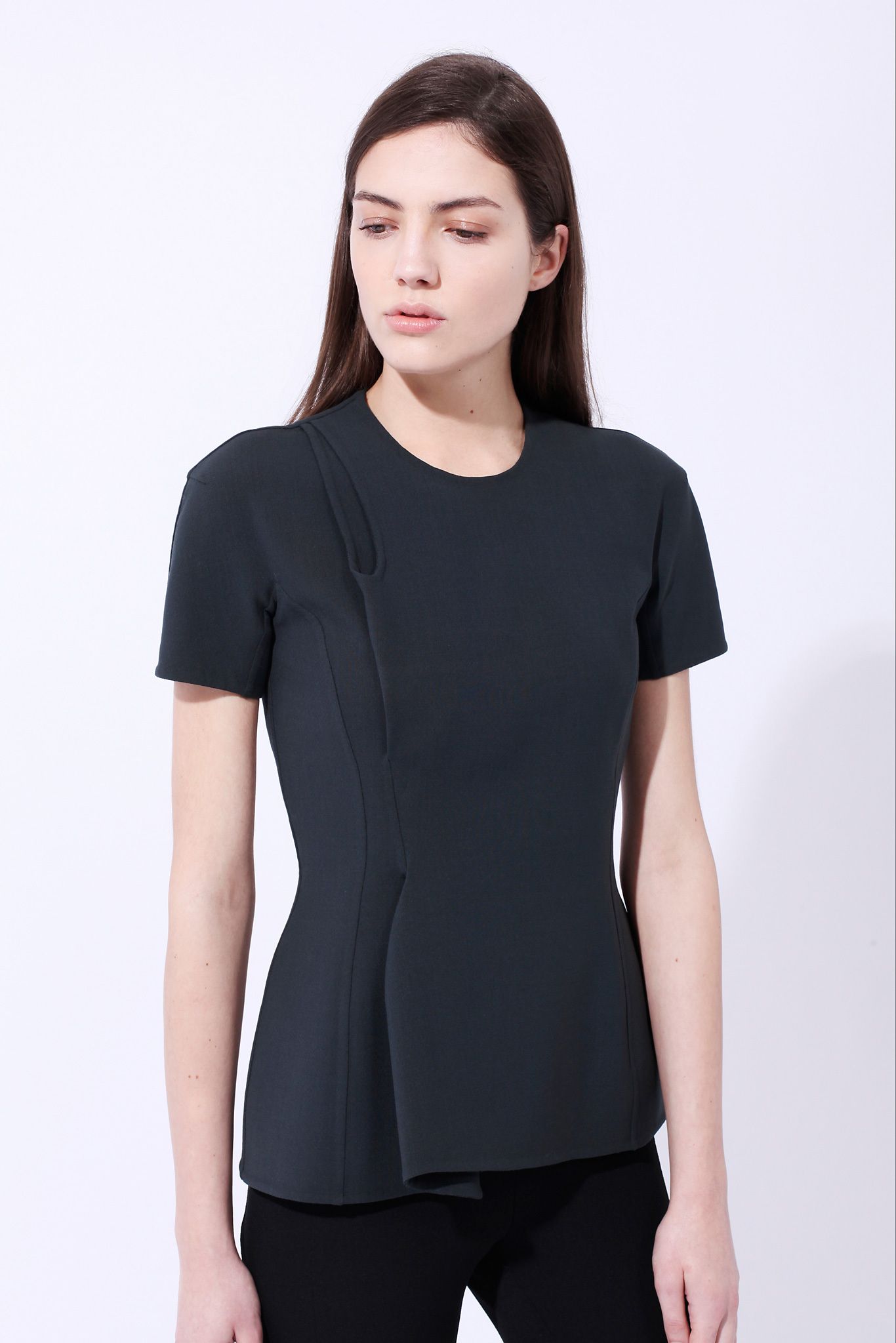black unknown short-sleeve high-neck structured panelled draped top
