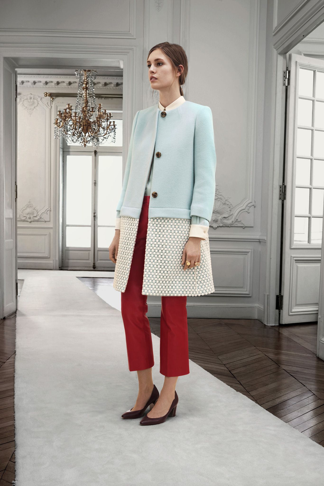 blue unknown long-sleeve high-neck structured buttoned openwork coat