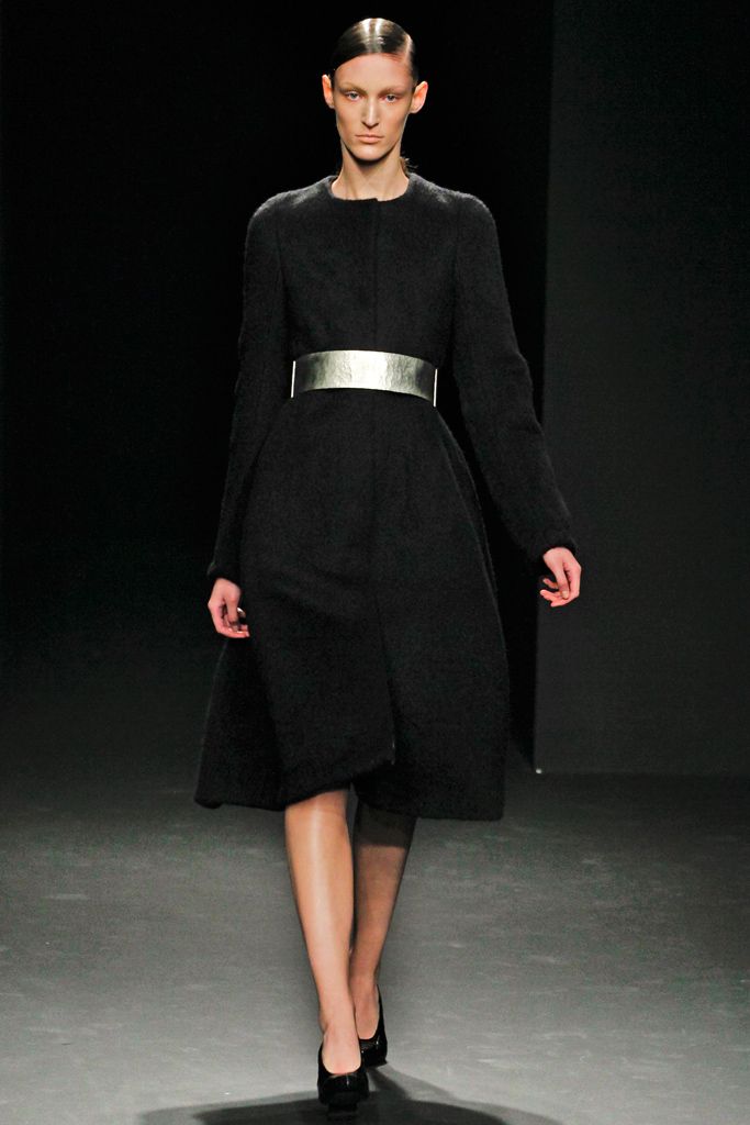 black wool long-sleeve high-neck structured a-line belted midi-dress