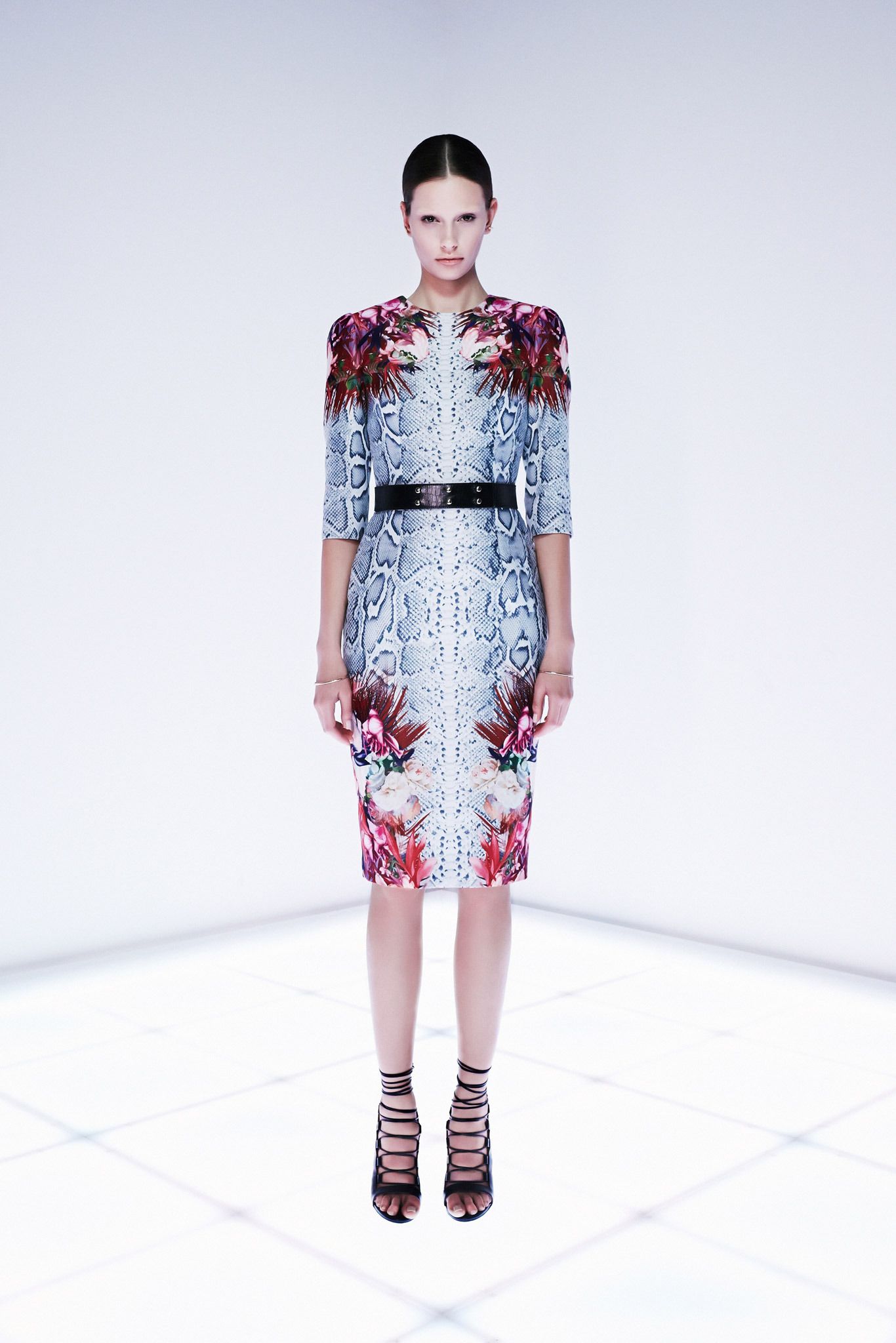 python and floral print belted midi dress
