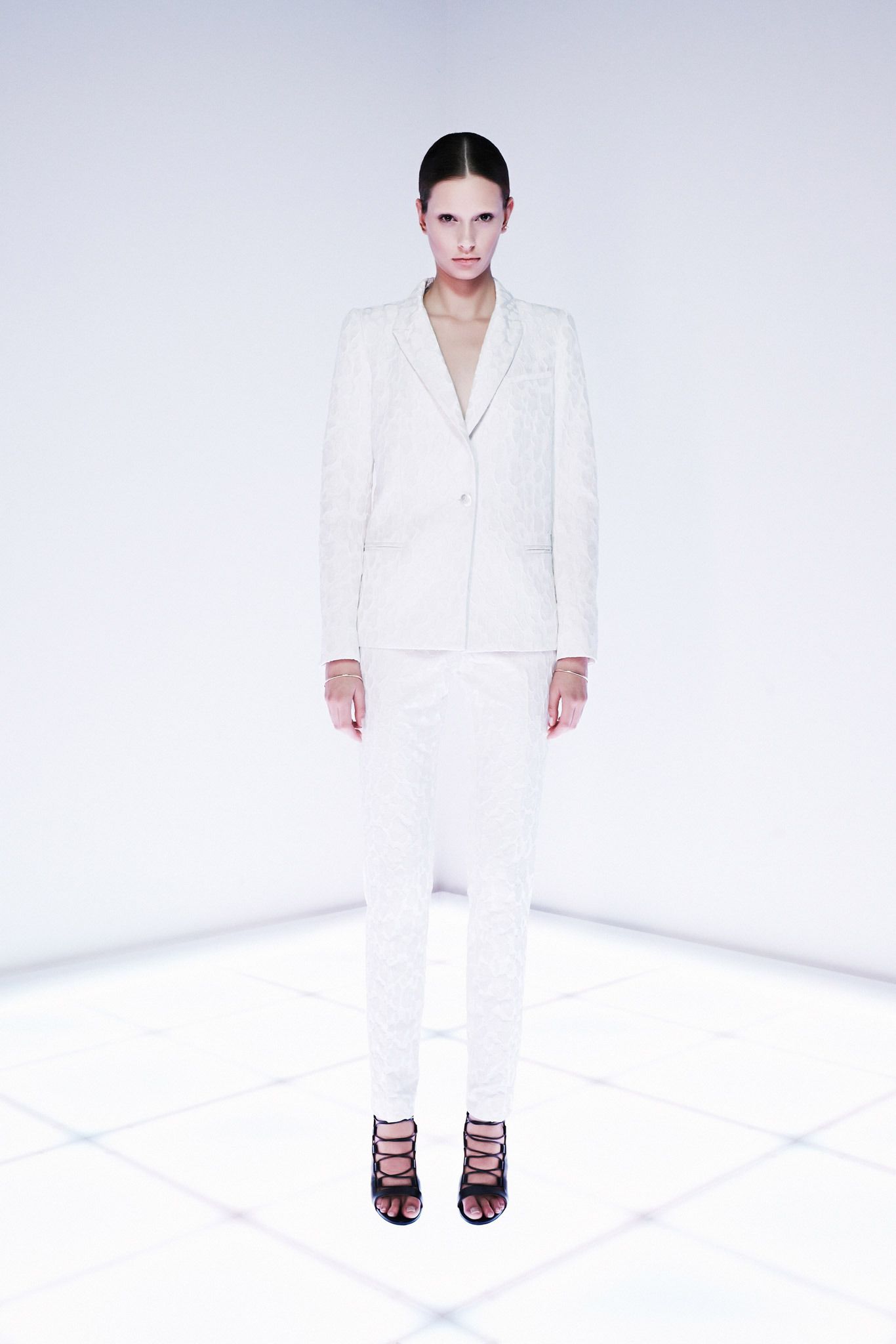 white jacquard tailored pantsuit