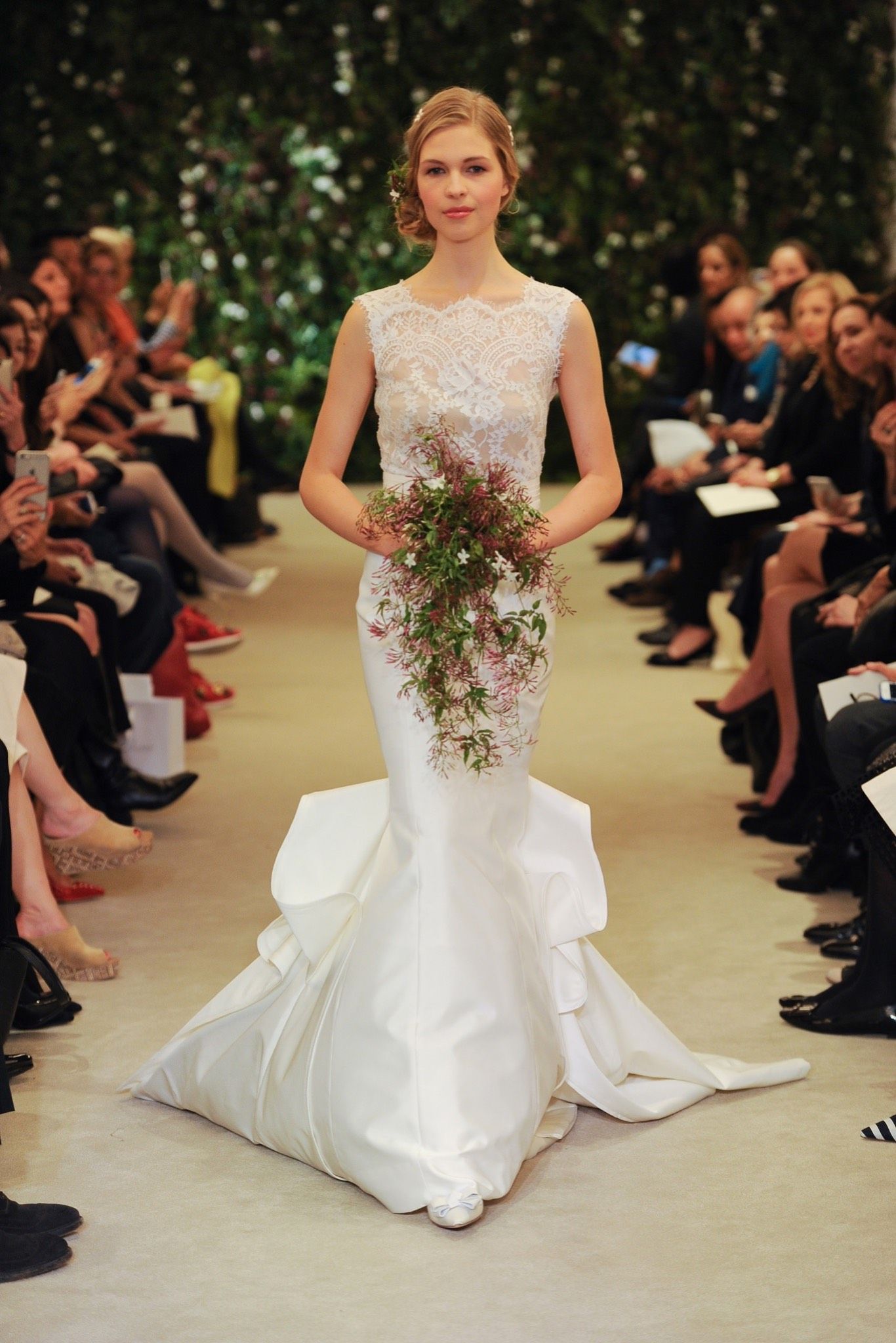 white lace sleeveless high-neck fitted embroidered ruffled gown