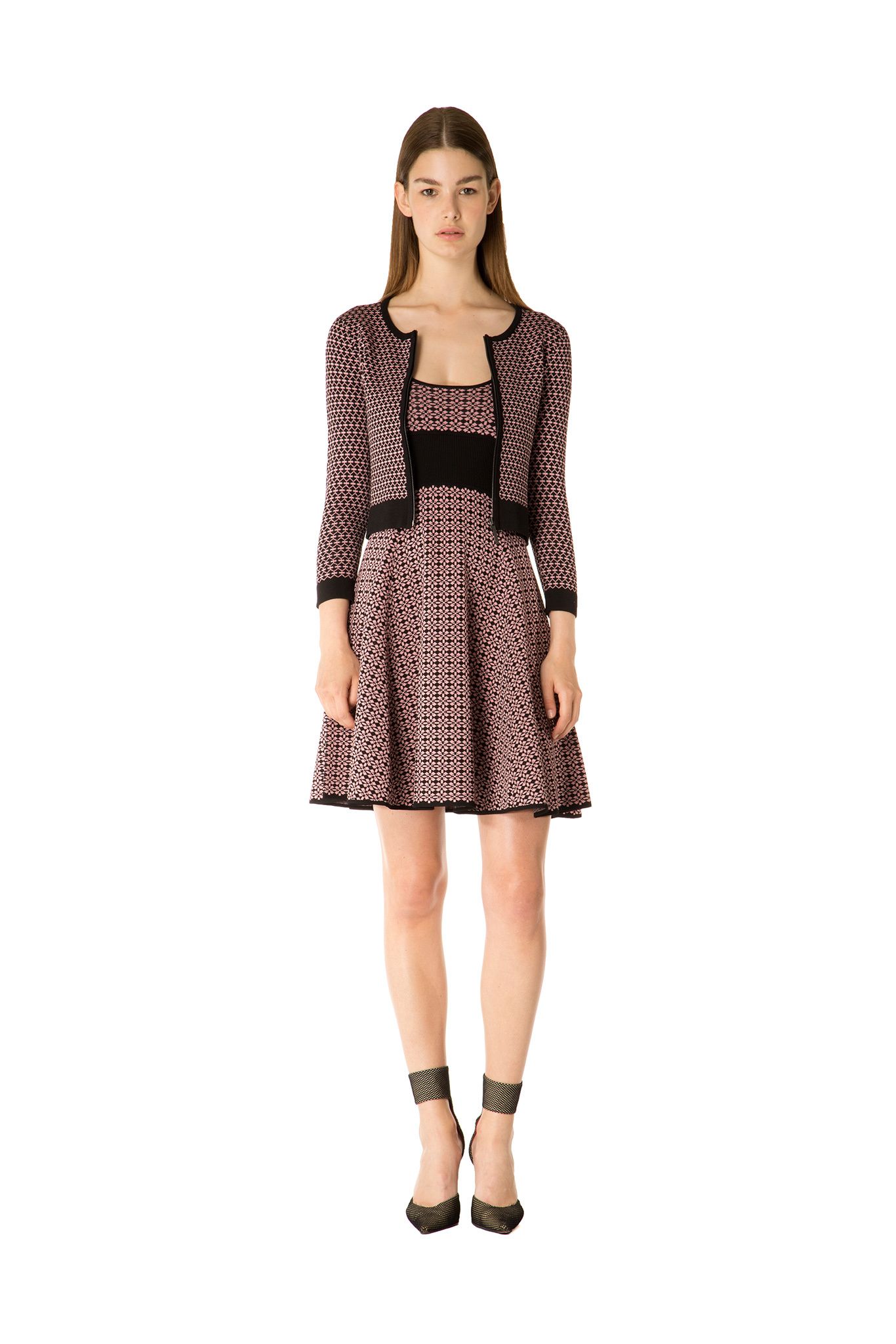 pink and black knit fit-and-flare dress