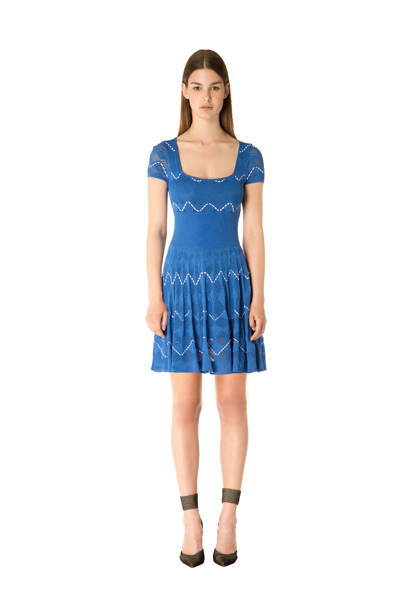 blue openwork knit mini dress