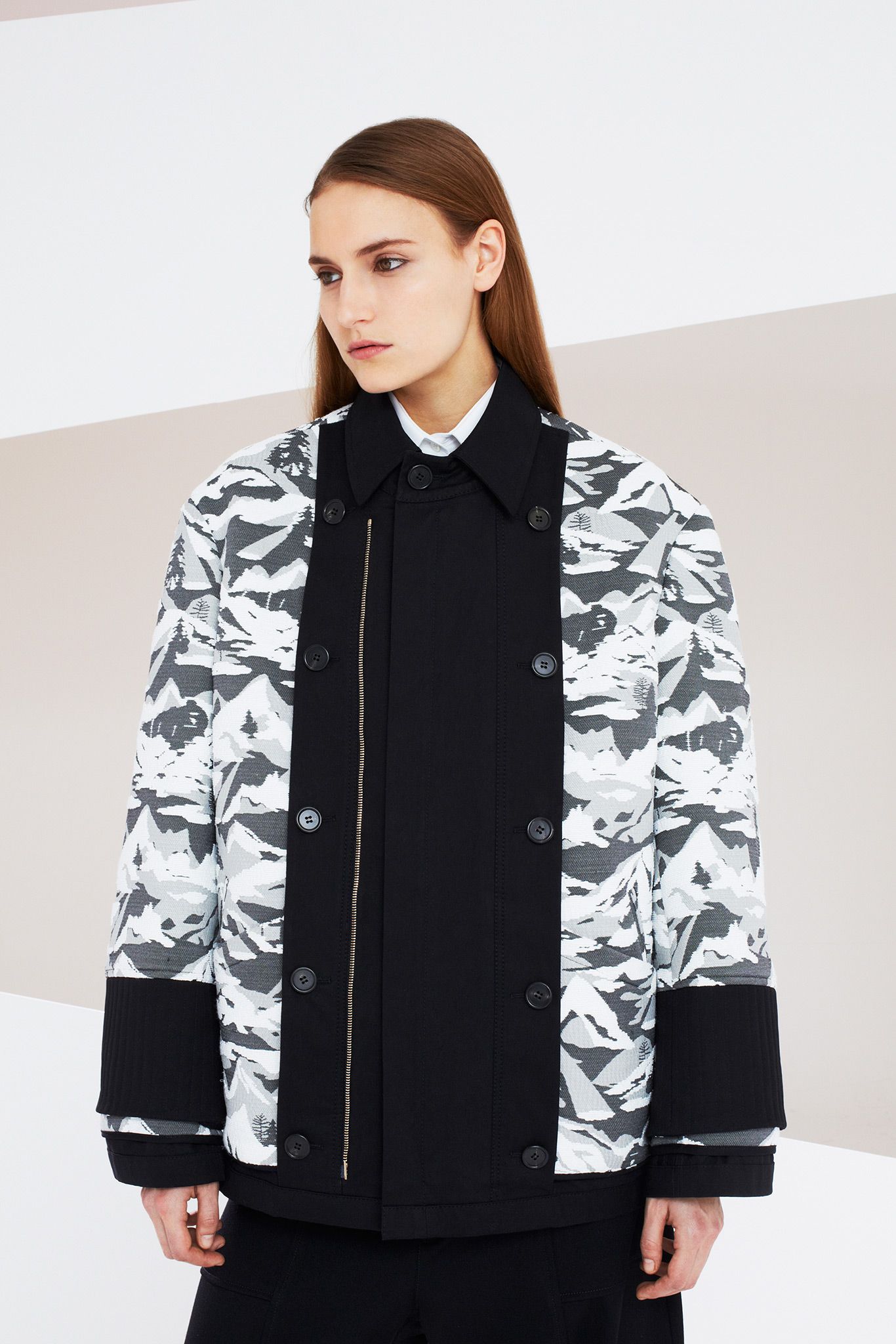 black and white landscape jacquard coat
