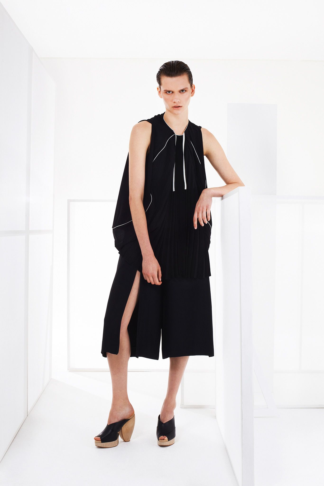 black pleated cape-effect midi dress