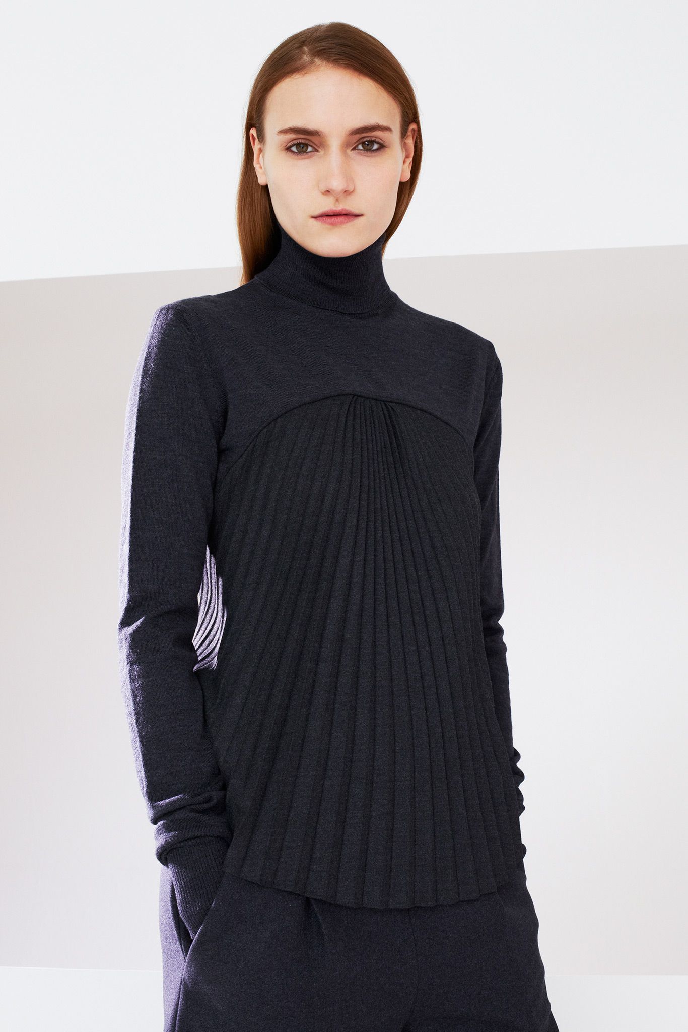 ribbed turtleneck sweater with pleated bib