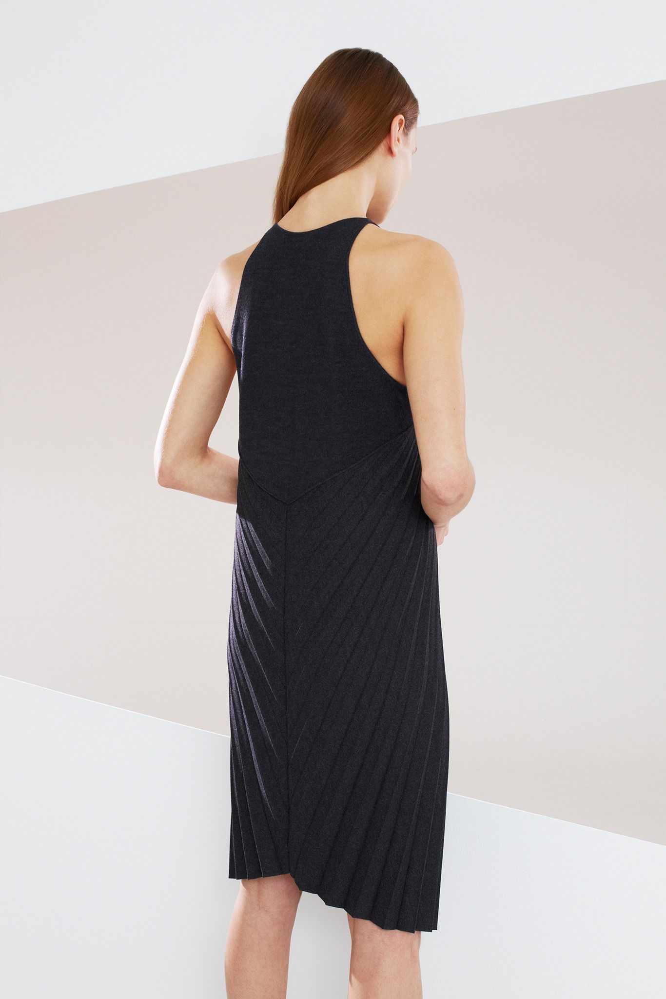 asymmetric pleated black midi dress