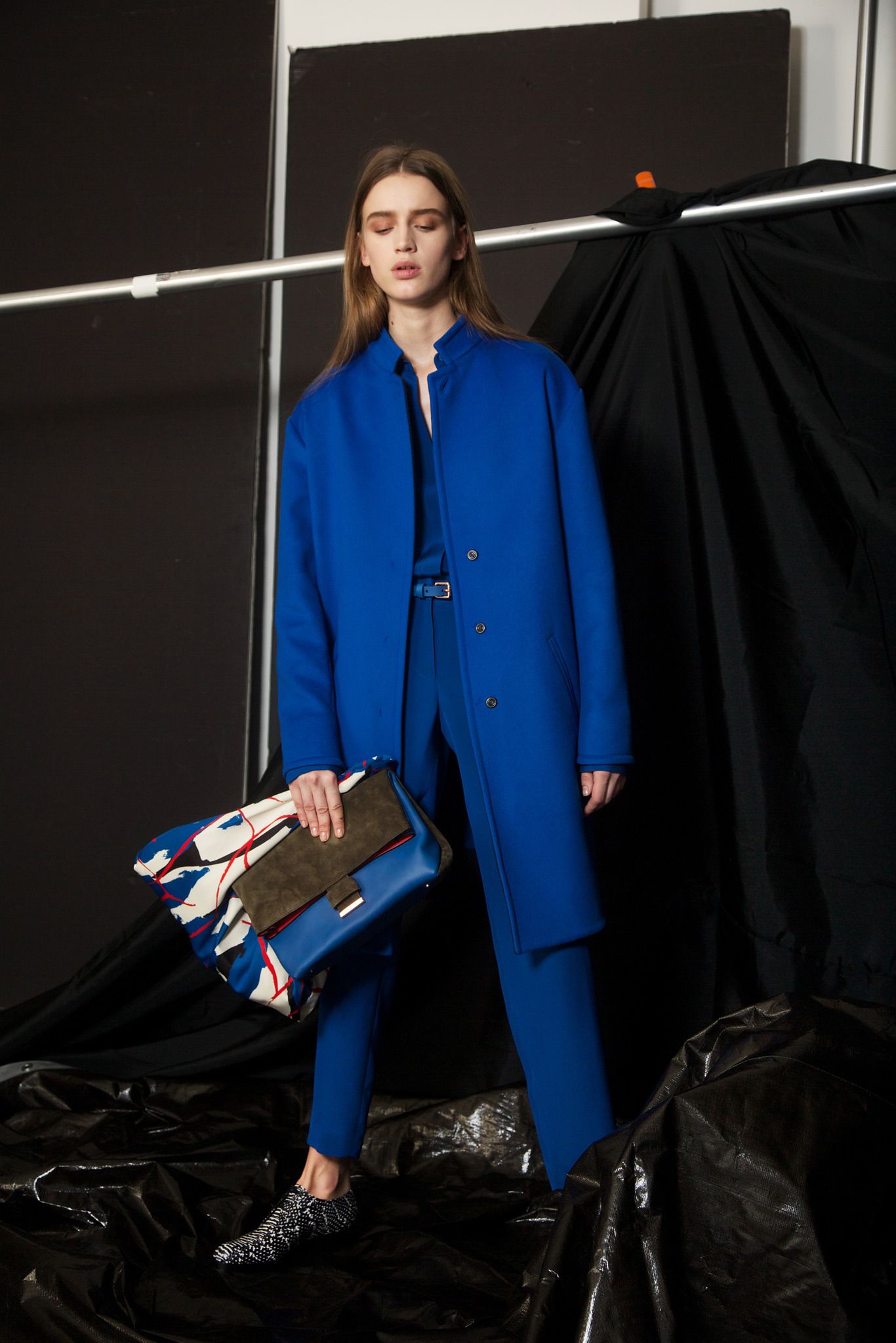 electric blue collarless coat