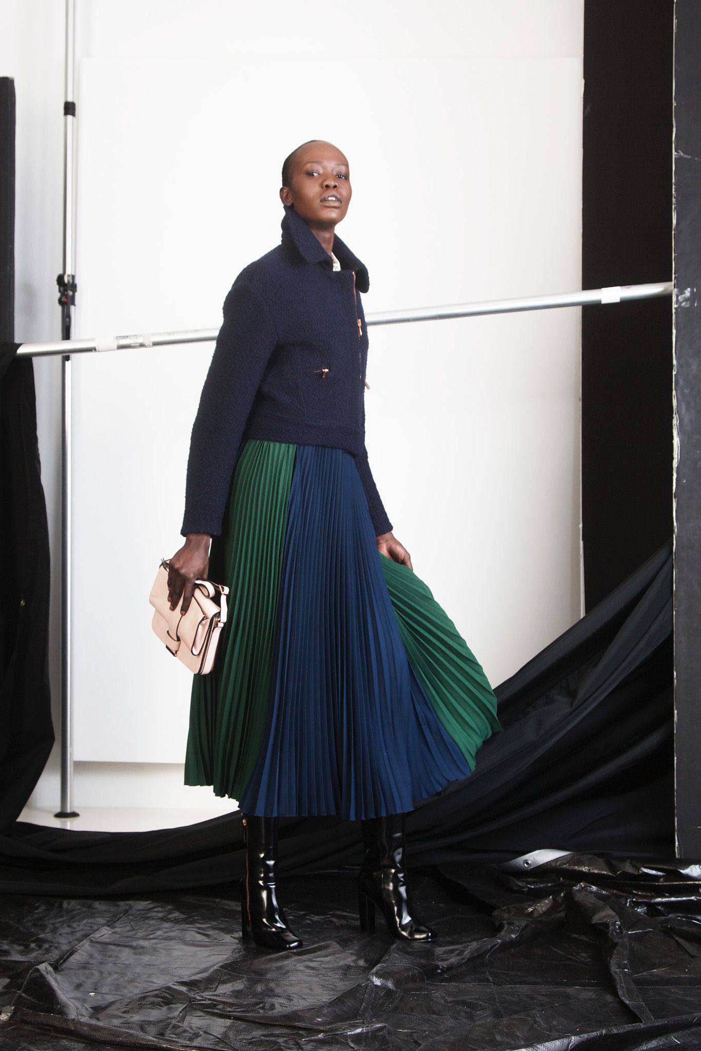 multi unknown pleated color-blocked flowing maxi skirt