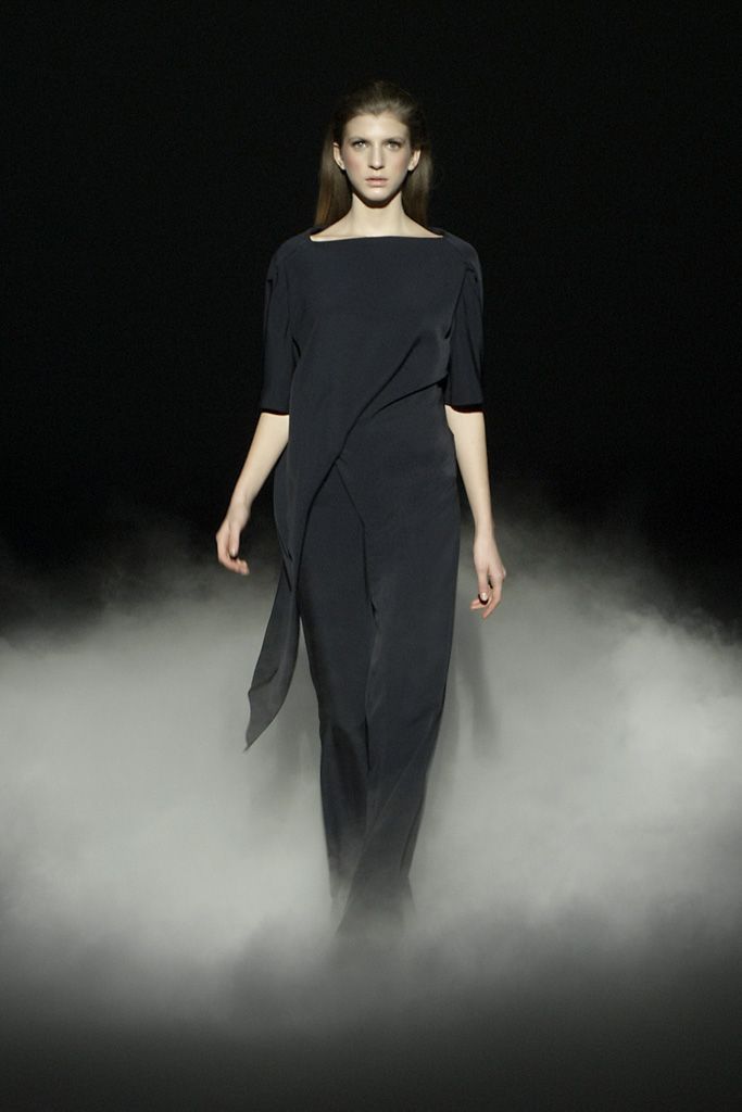 asymmetric draped black jumpsuit