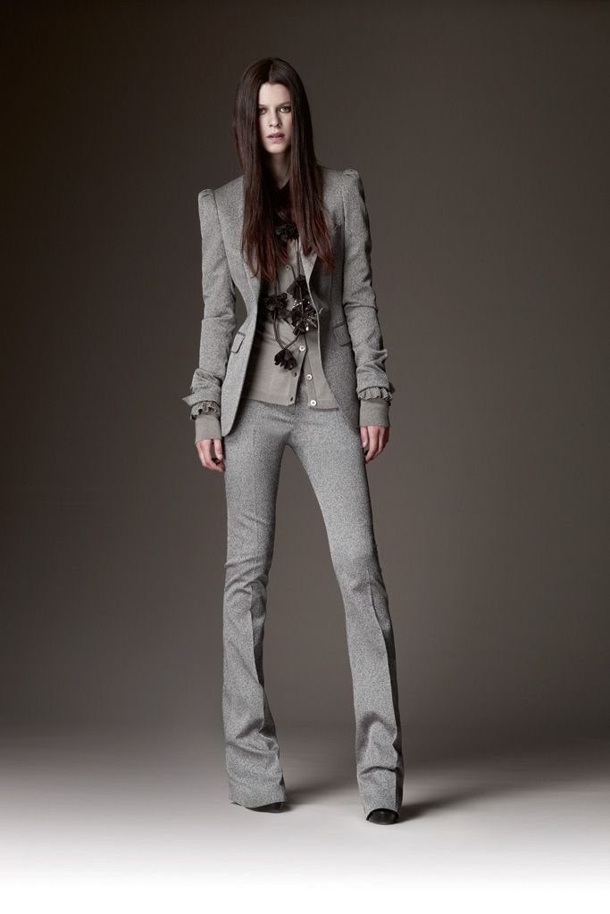 gray tailored blazer and flared pants