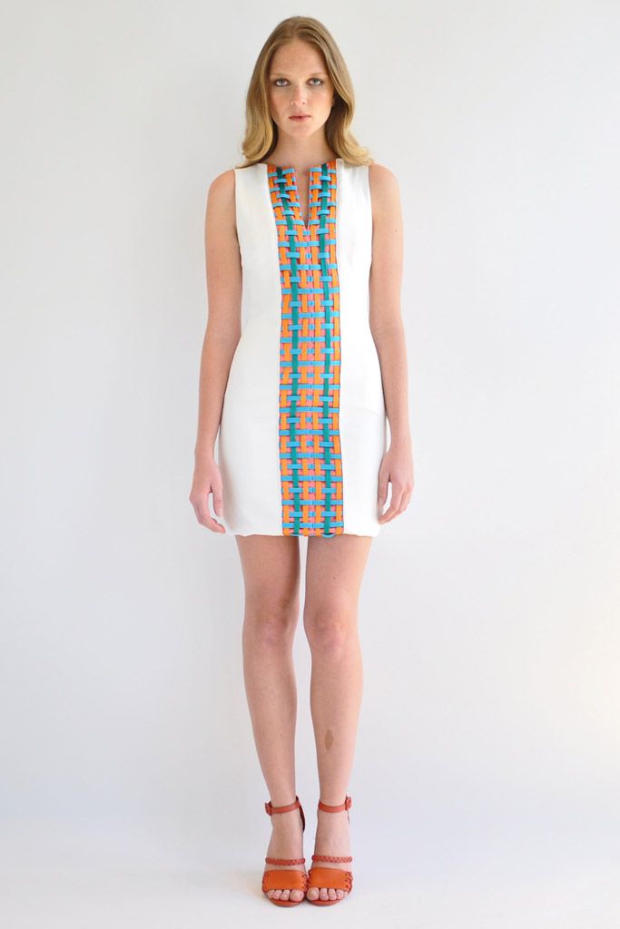 white mini dress with woven panel