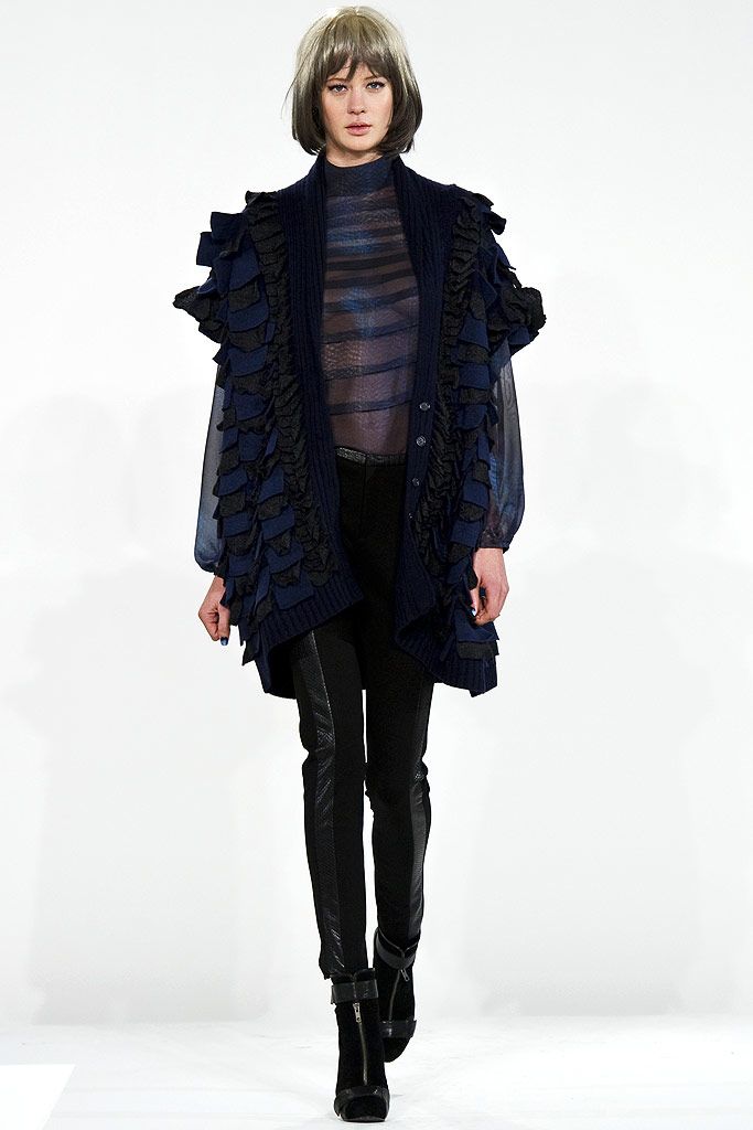 blue knit open-front long-sleeve relaxed ruffled layered cardigan