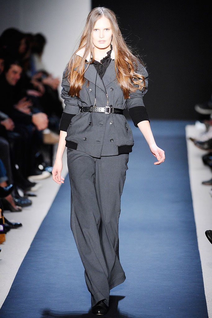belted double-breasted gray jacket