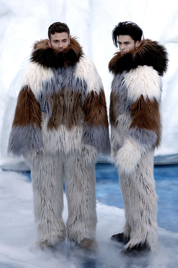gray fur long-sleeve high-neck color-blocked textured jumpsuit