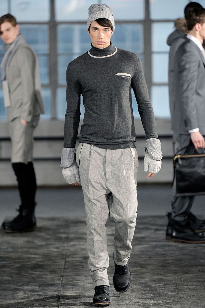 gray turtleneck sweater with contrast trim