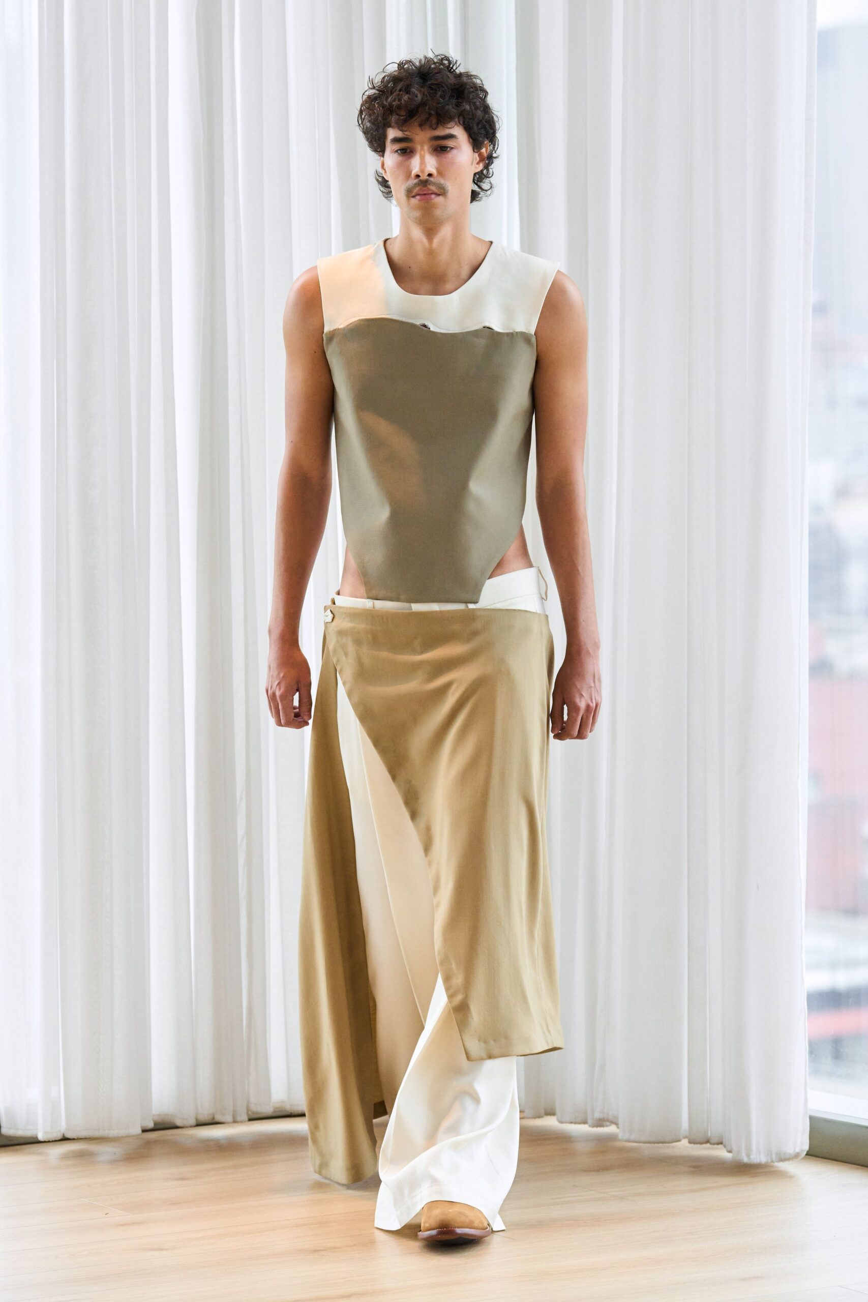 asymmetric green and beige outfit