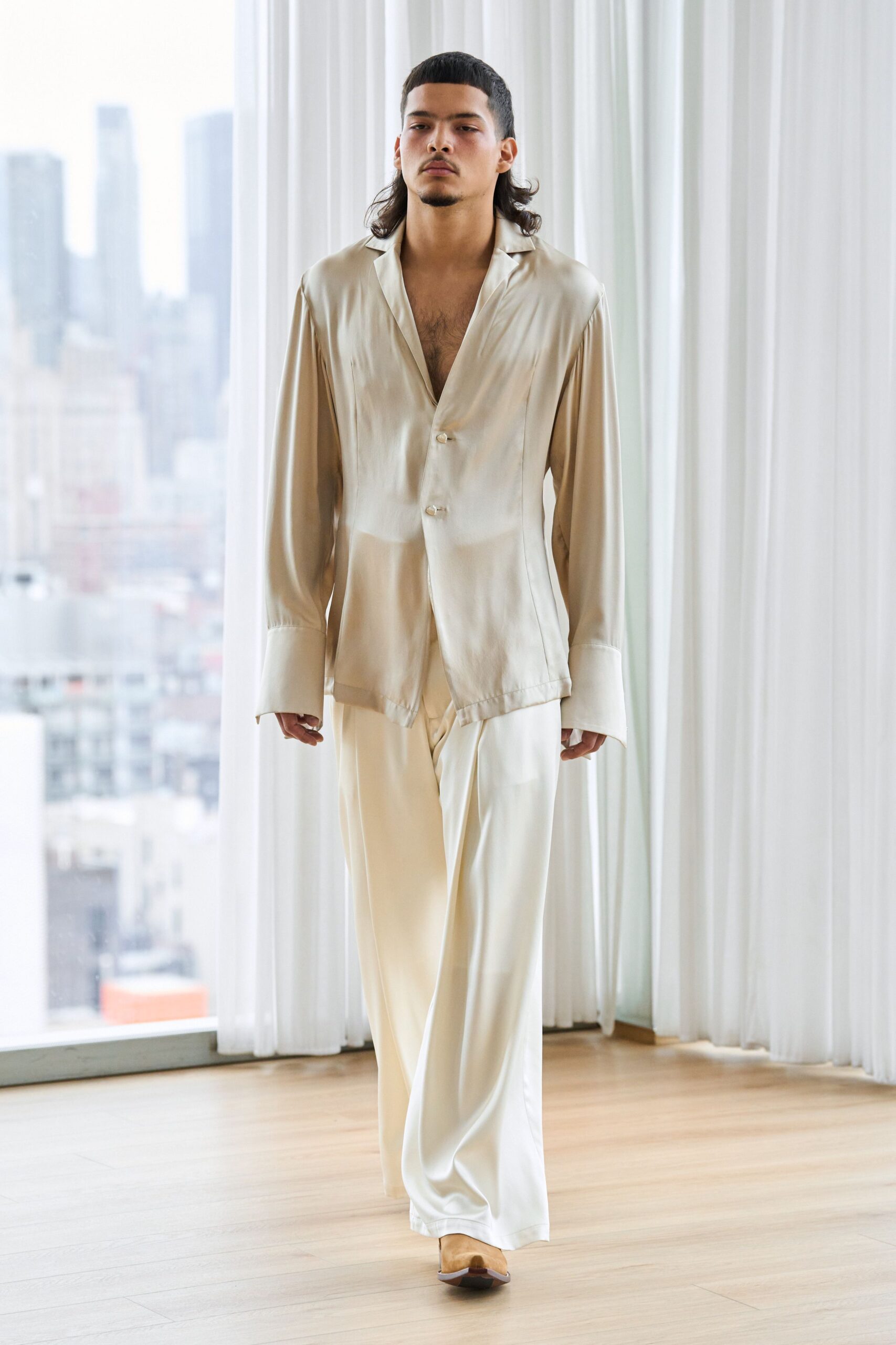 beige silk shirt and pants