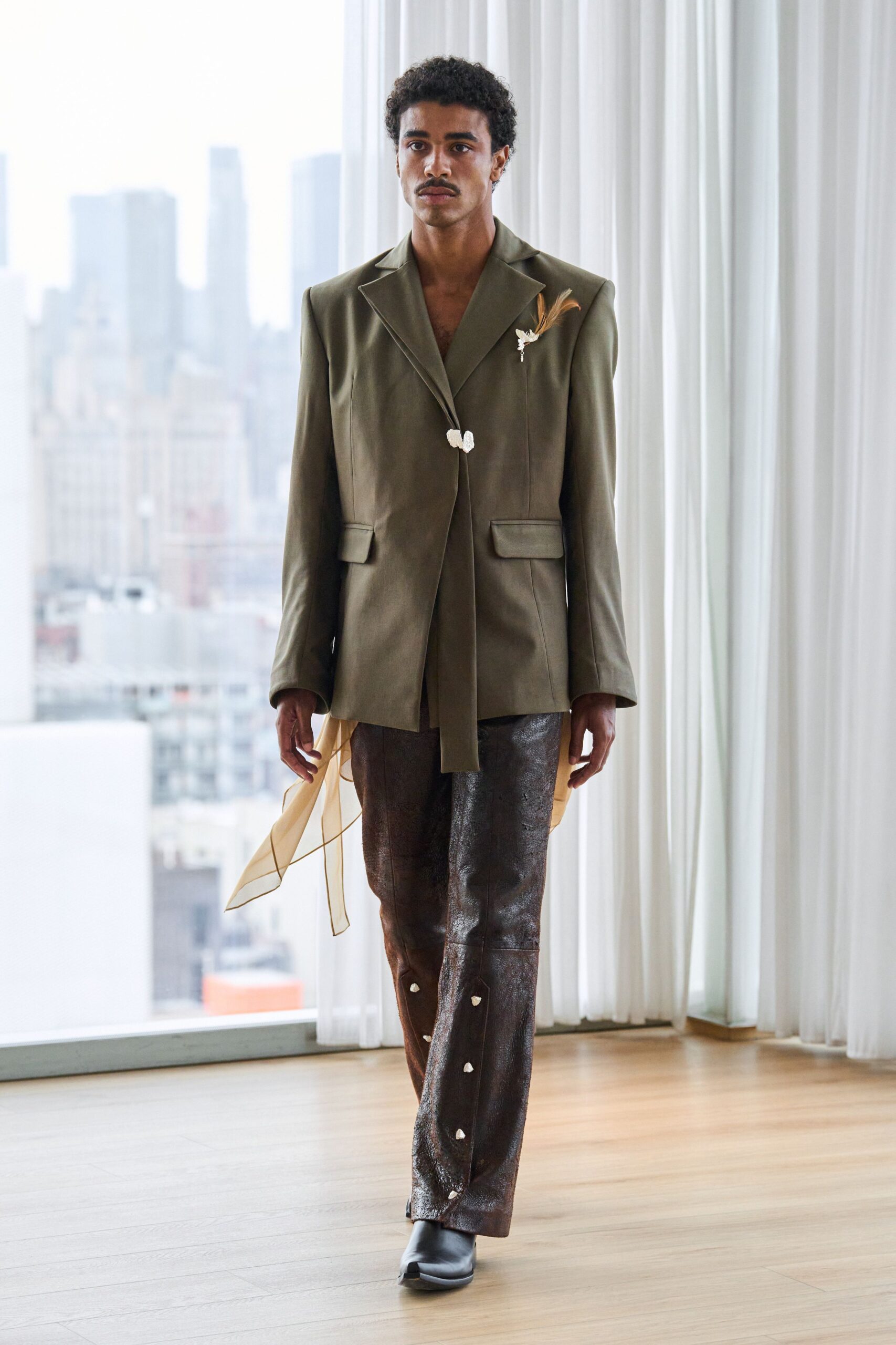 green blazer brown leather pants