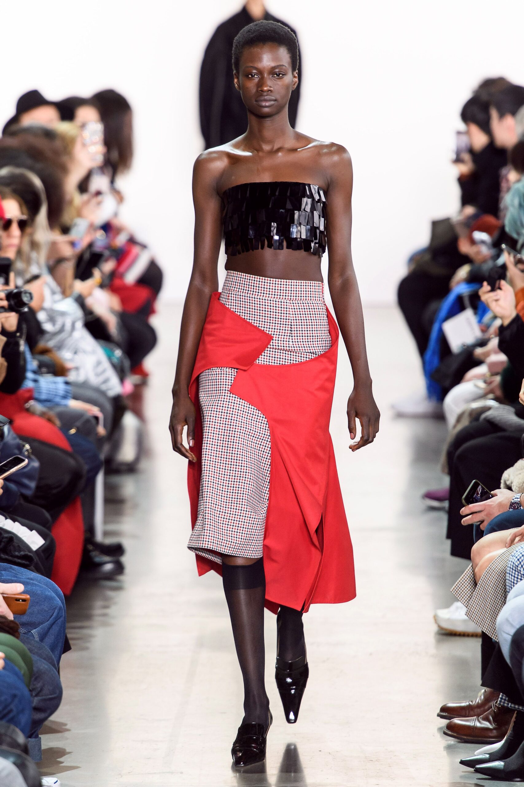 asymmetric checked and red midi skirt