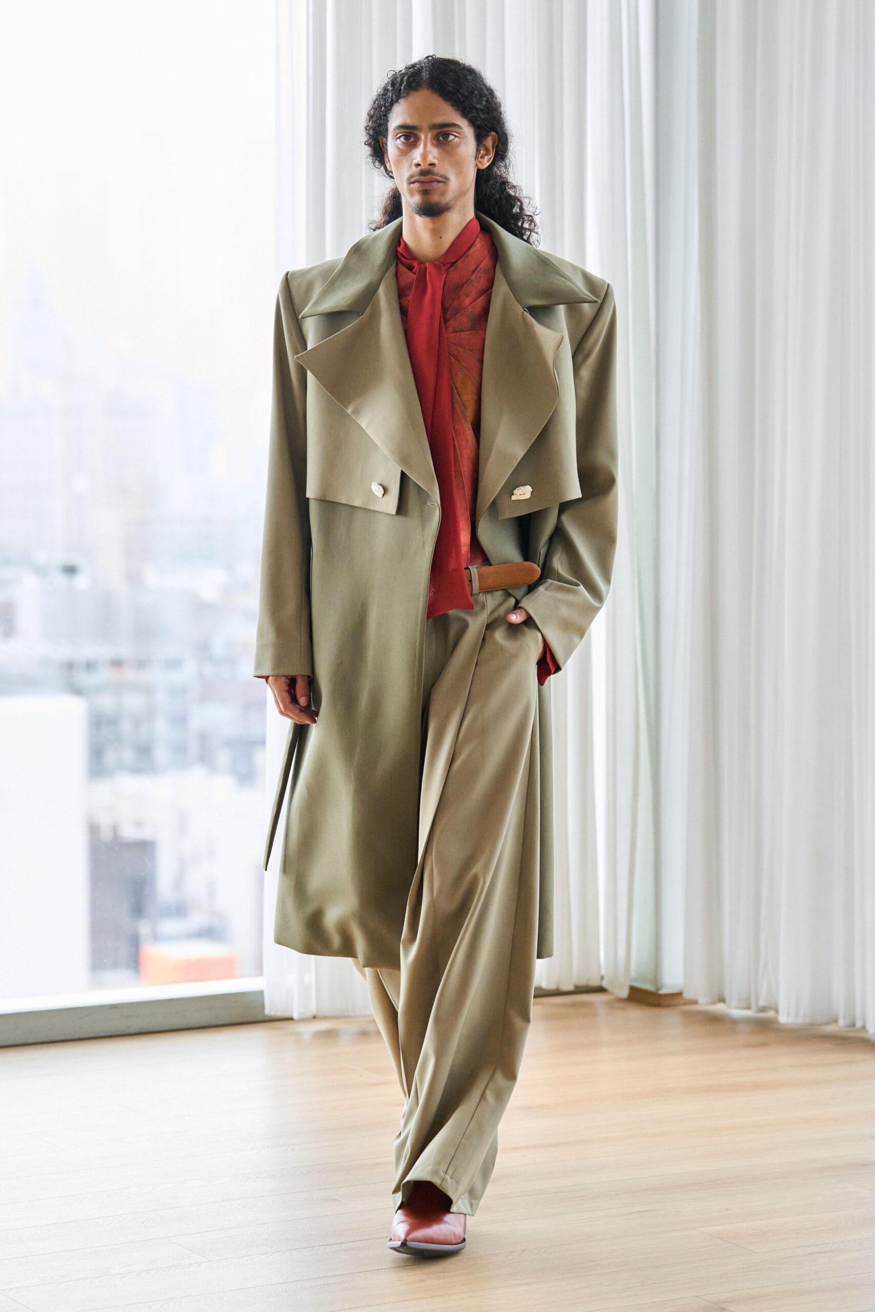 beige silk long-sleeve collared relaxed coat