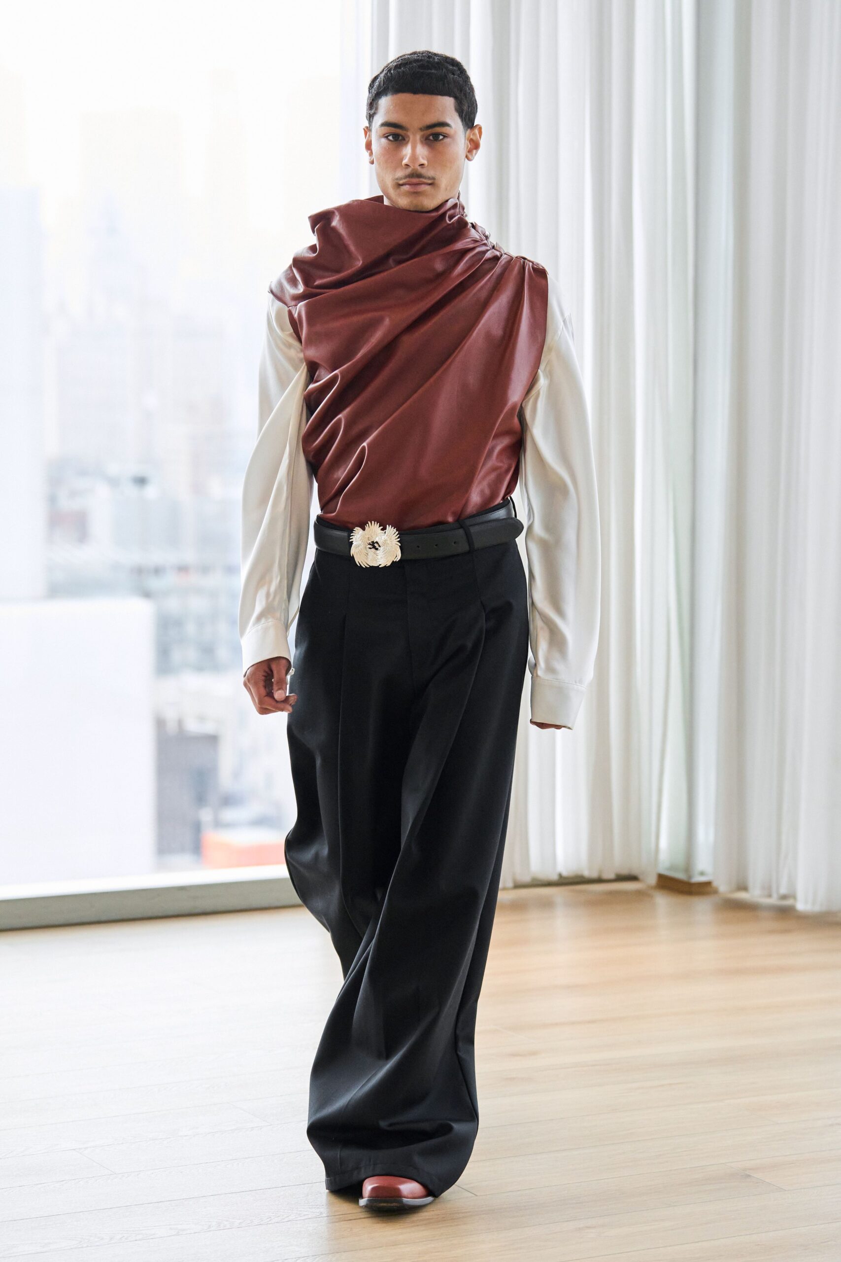 brown draped top with wide-leg pants