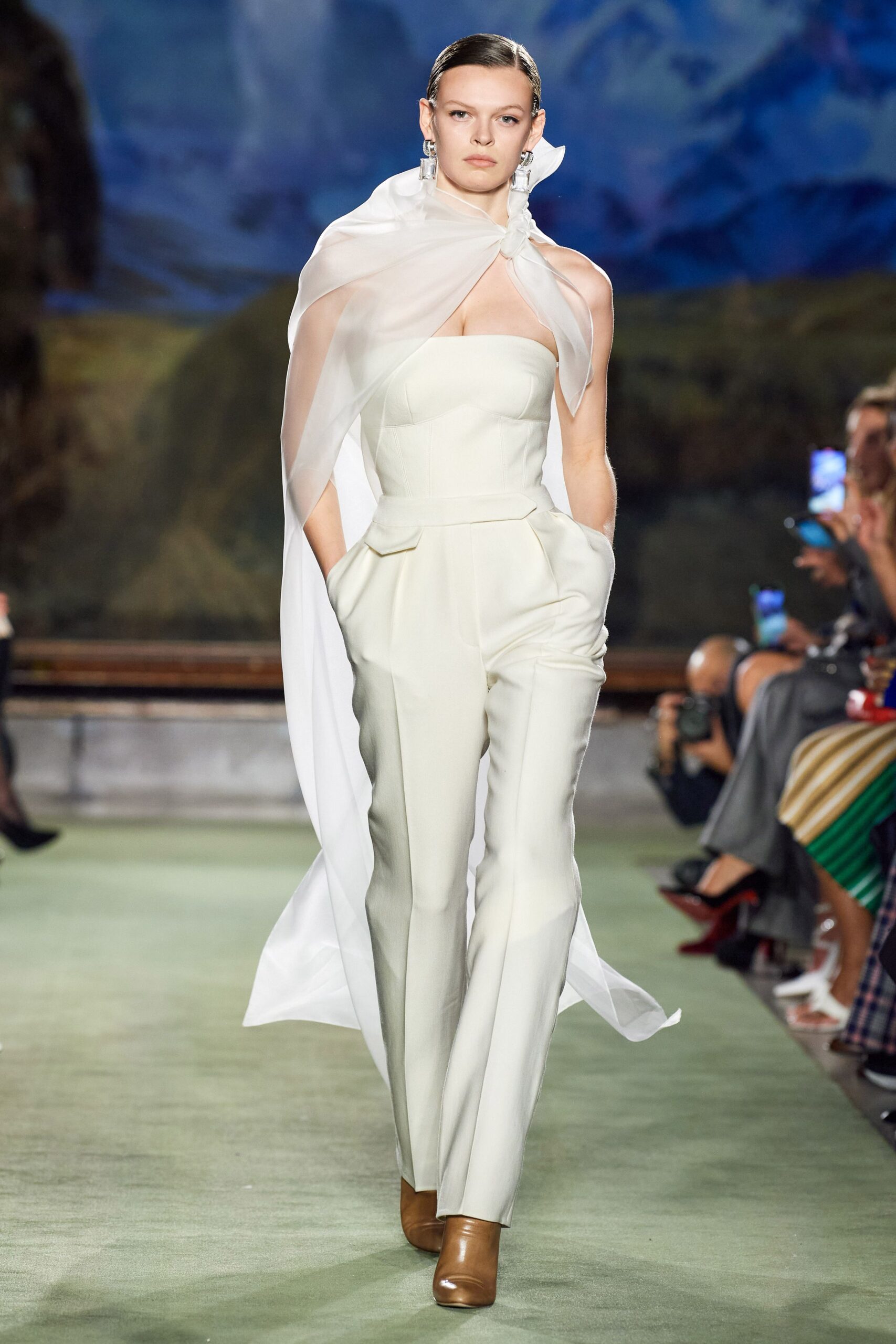 ivory crepe strapless tailored pockets jumpsuit
