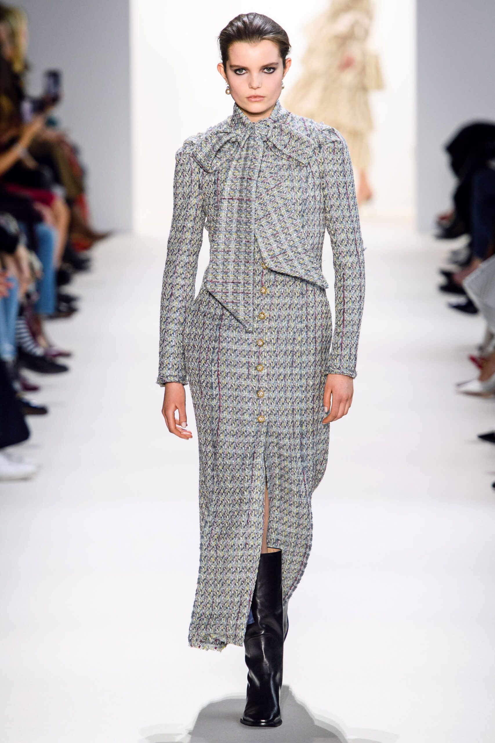 multicolor tweed high-neck gown