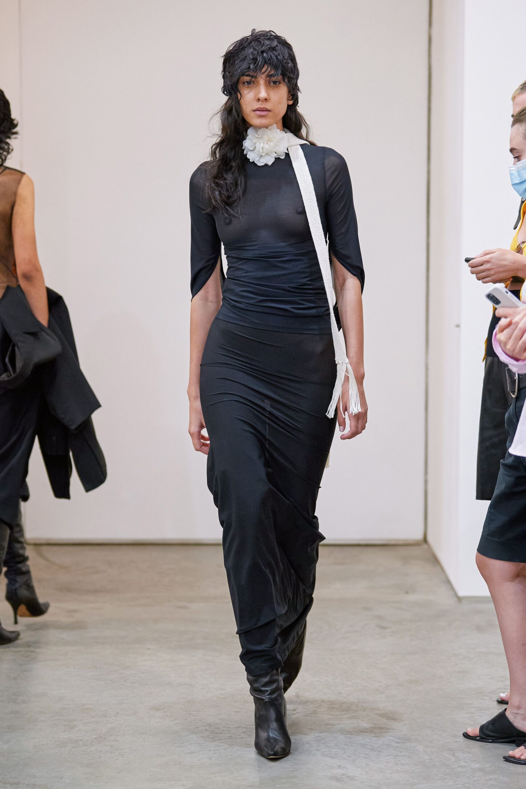 black ruched cape-sleeve maxi dress