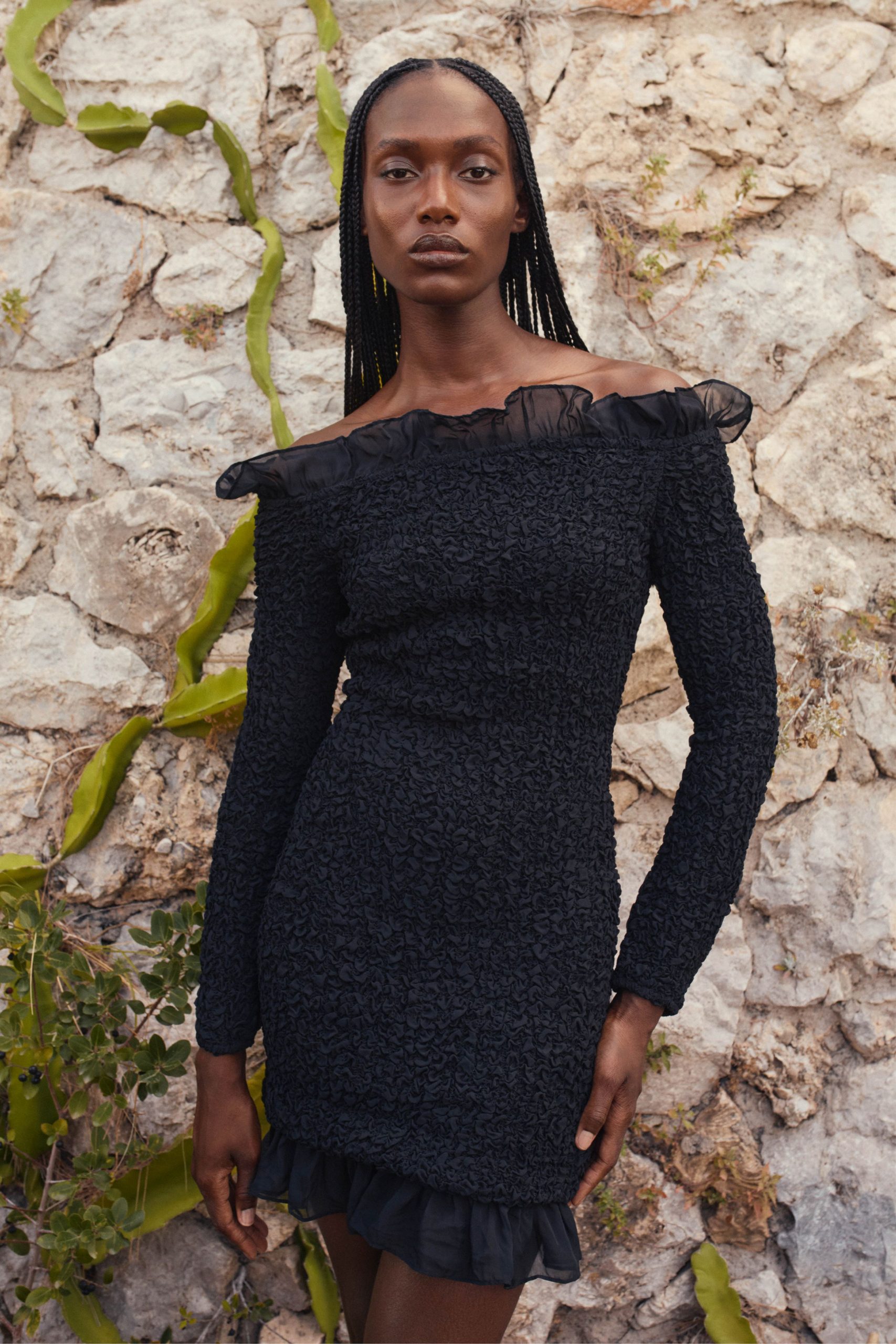 black lace off-shoulder mini dress