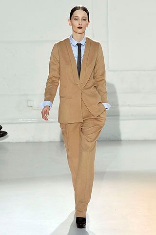tan tailored pantsuit with tie
