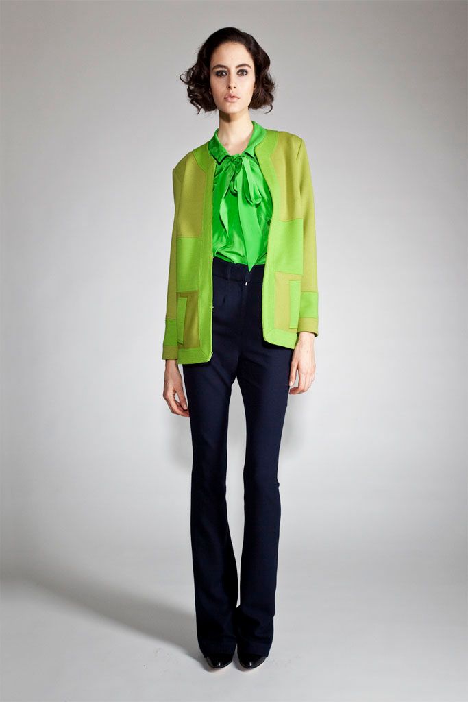 green pussy-bow satin blouse