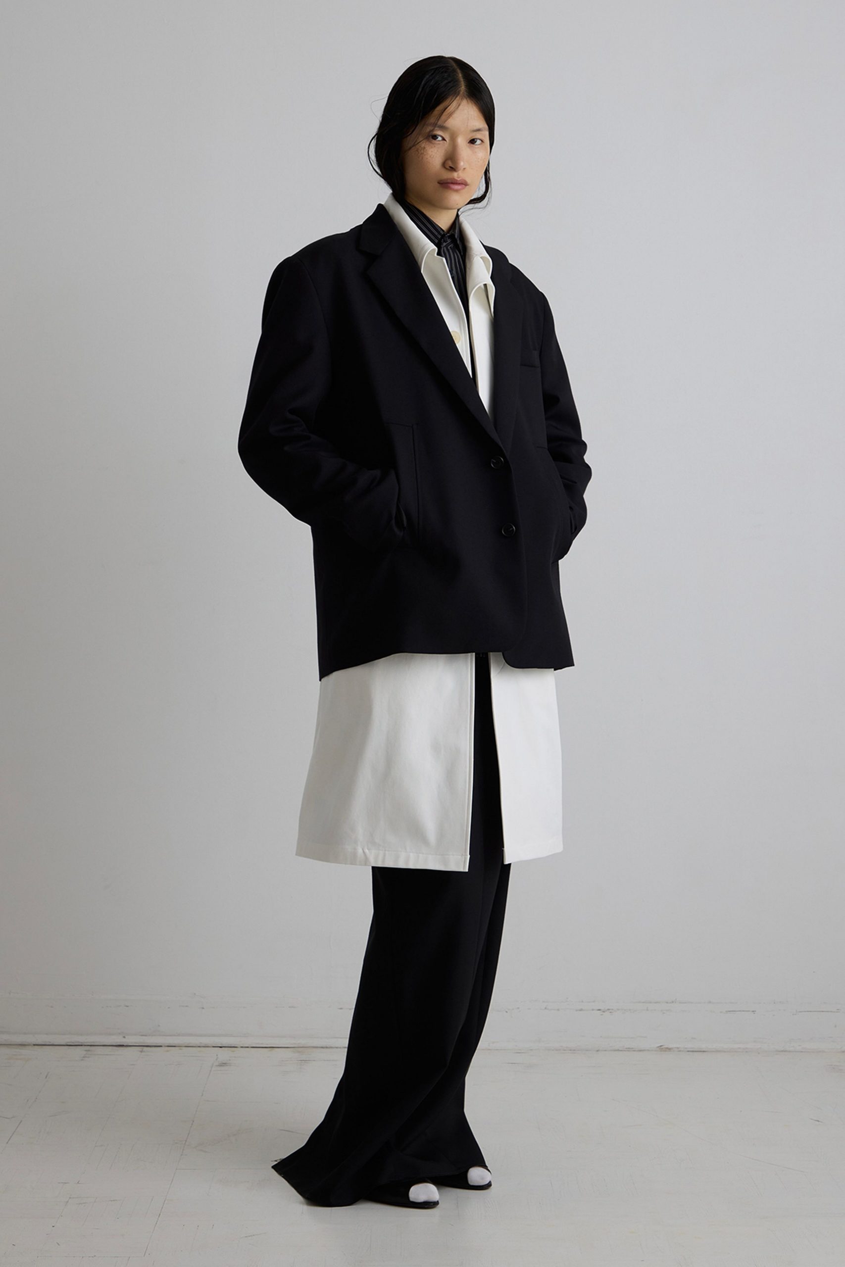 black blazer white coat tailored pants