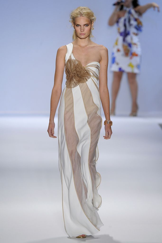 one-shoulder draped chiffon evening gown