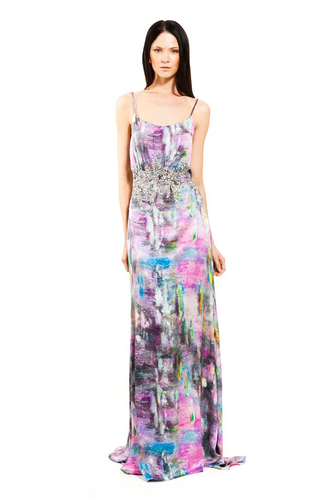 abstract print embellished satin gown
