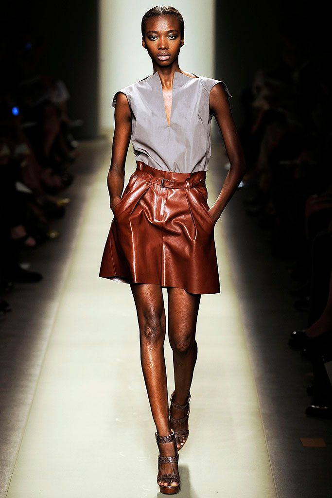 brown leather high-waisted pleated belted shiny mini skirt