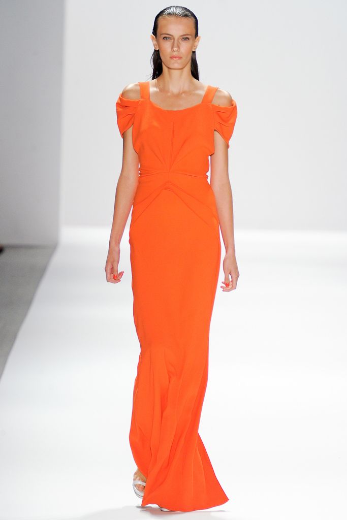 off-shoulder orange evening gown