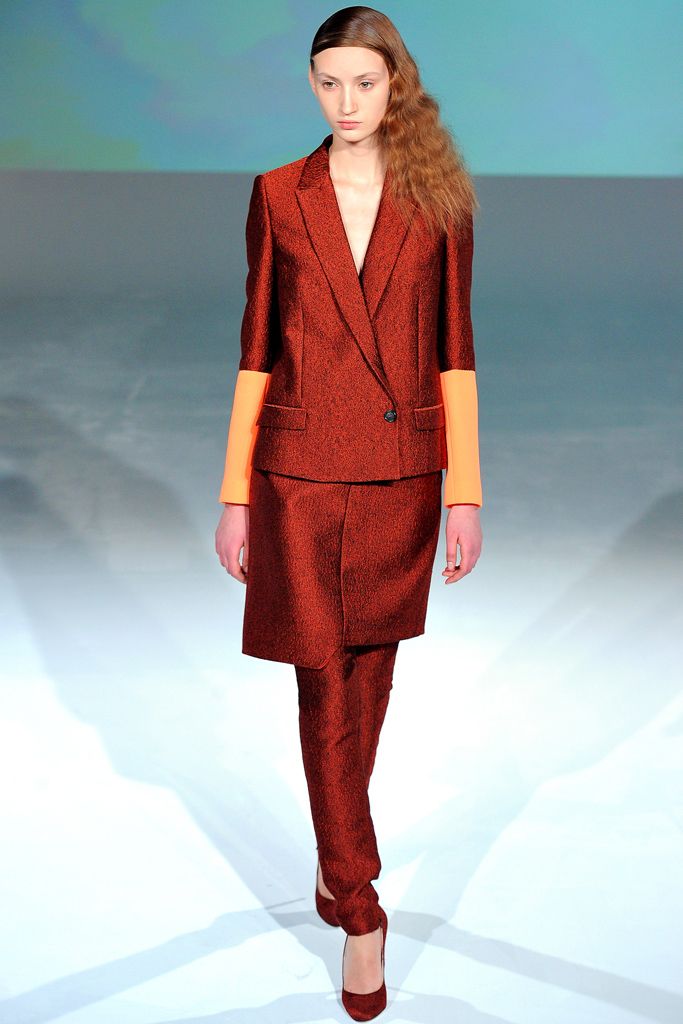 orange metallic straight-leg shiny pants