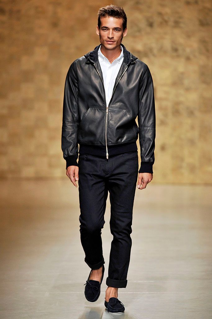 black leather hooded bomber jacket