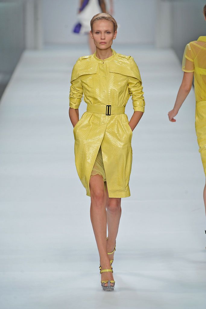 yellow leather long-sleeve high-neck structured belted pockets dress