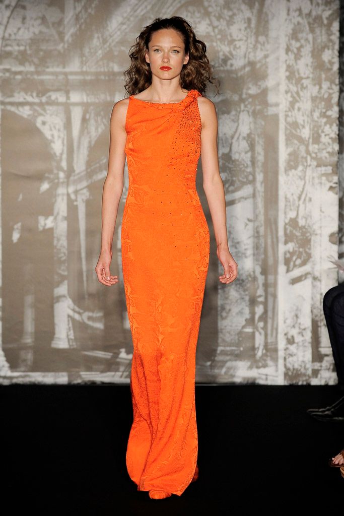 orange one-shoulder embellished evening gown