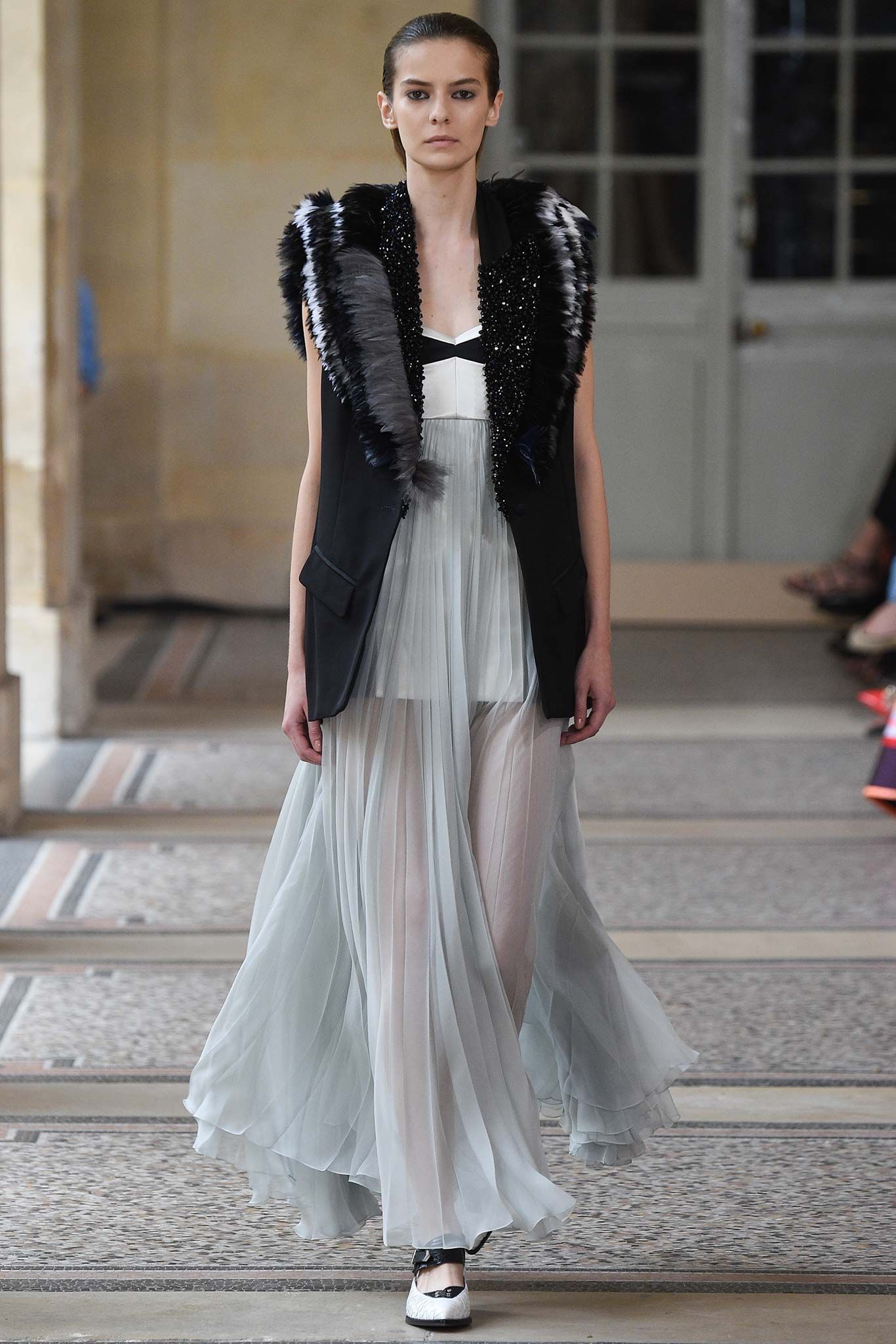 black sequin sleeveless open-front structured embellished fur-trimmed vest