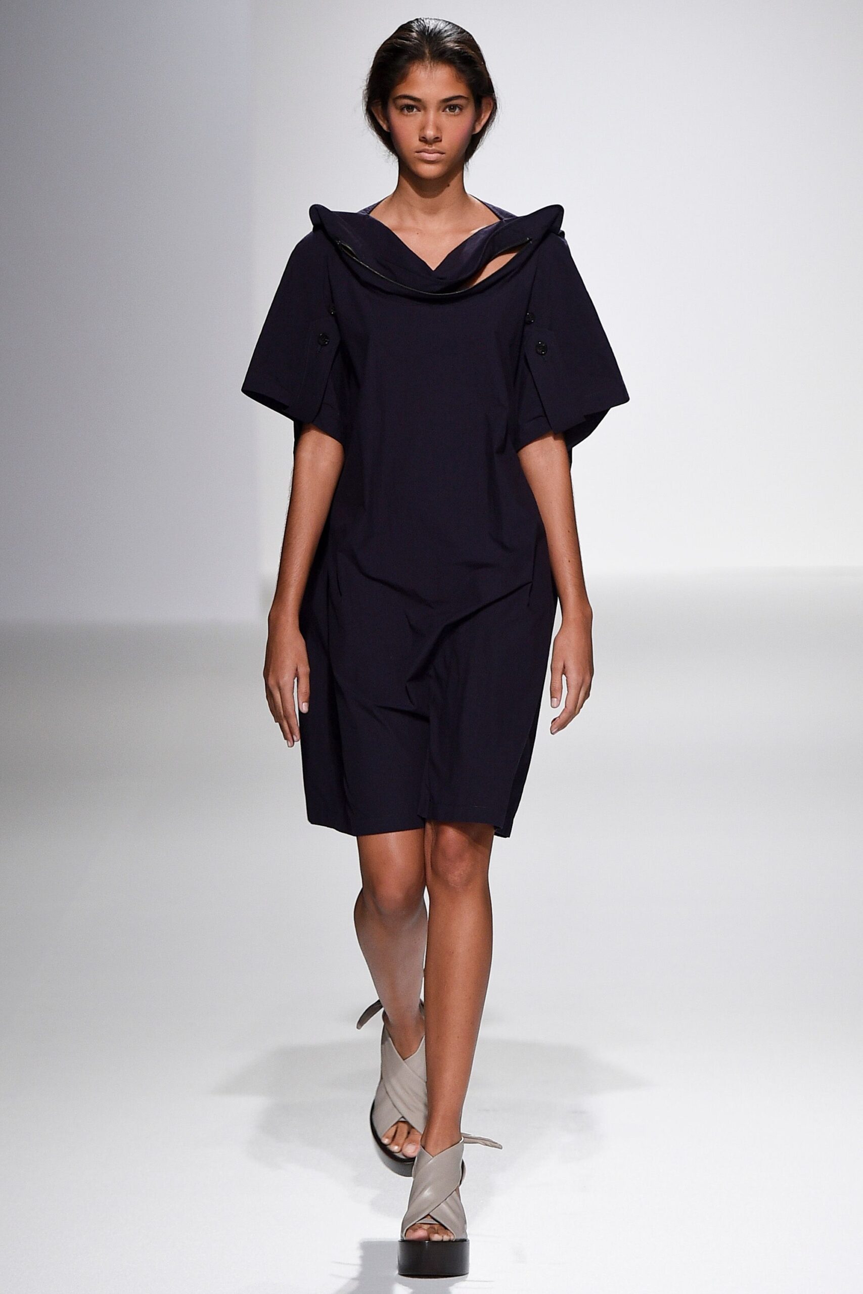 sculptural cowl neck mini dress