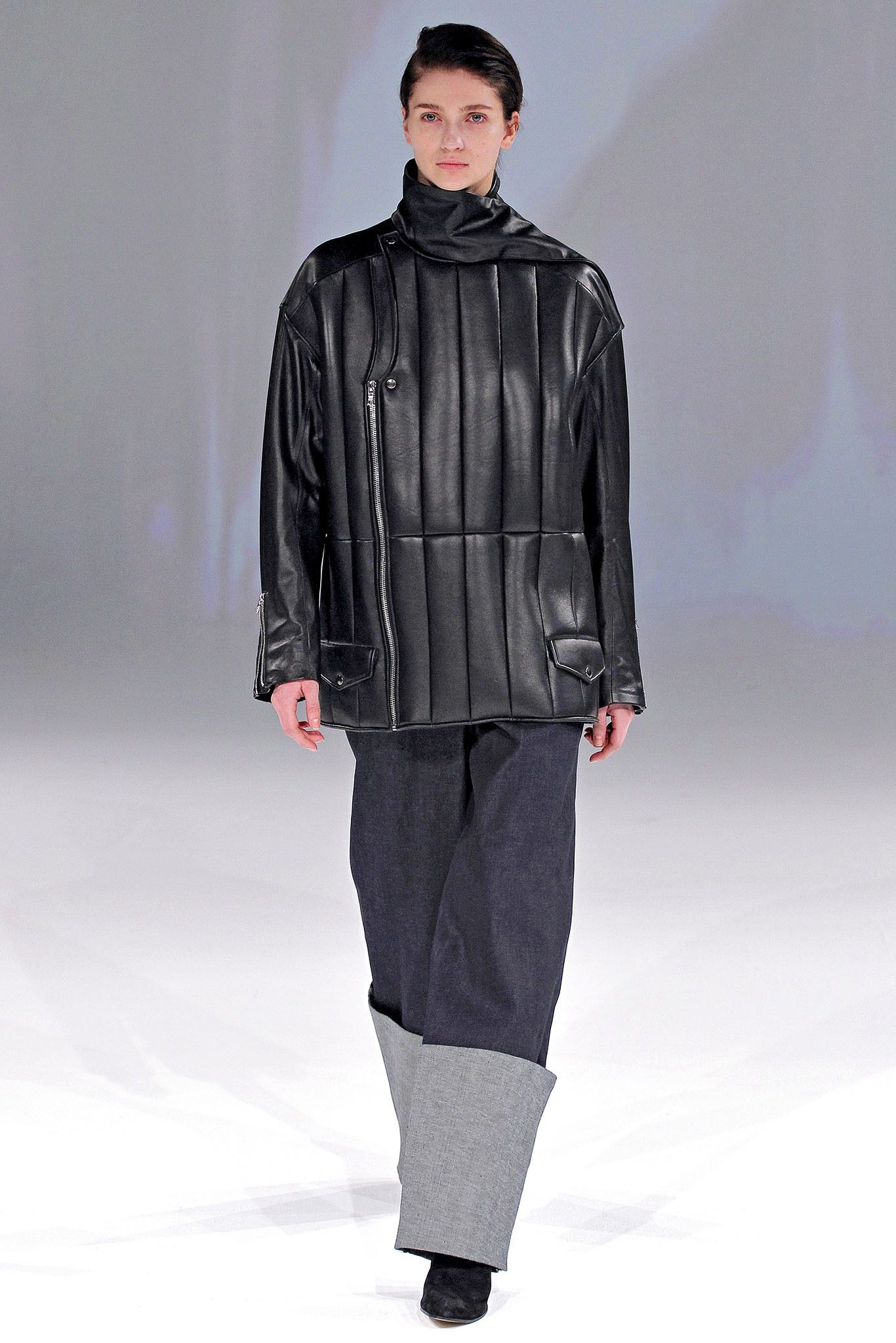 black leather long-sleeve high-neck oversized zippered panelled jacket