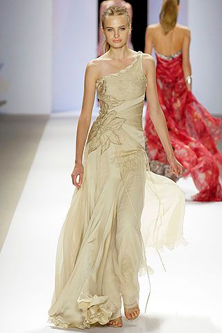 one-shoulder draped chiffon evening gown