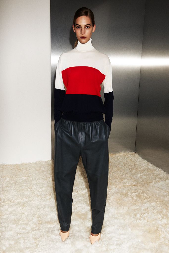 white knit long-sleeve turtleneck relaxed color-blocked ribbed sweater