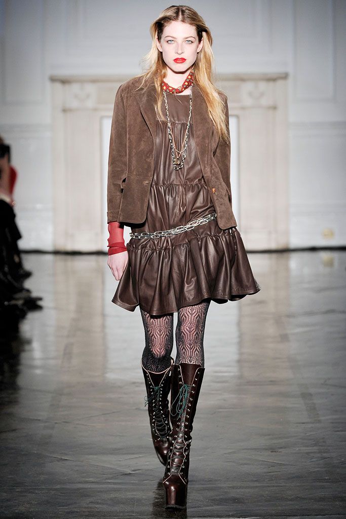 brown leather ruffle hem dress