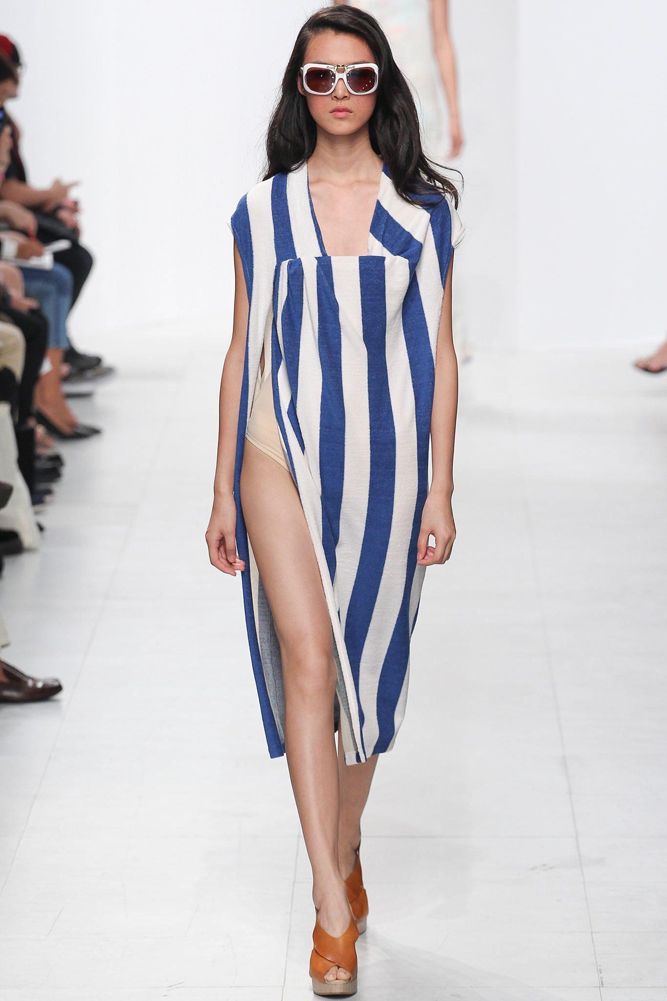 blue and white striped column dress
