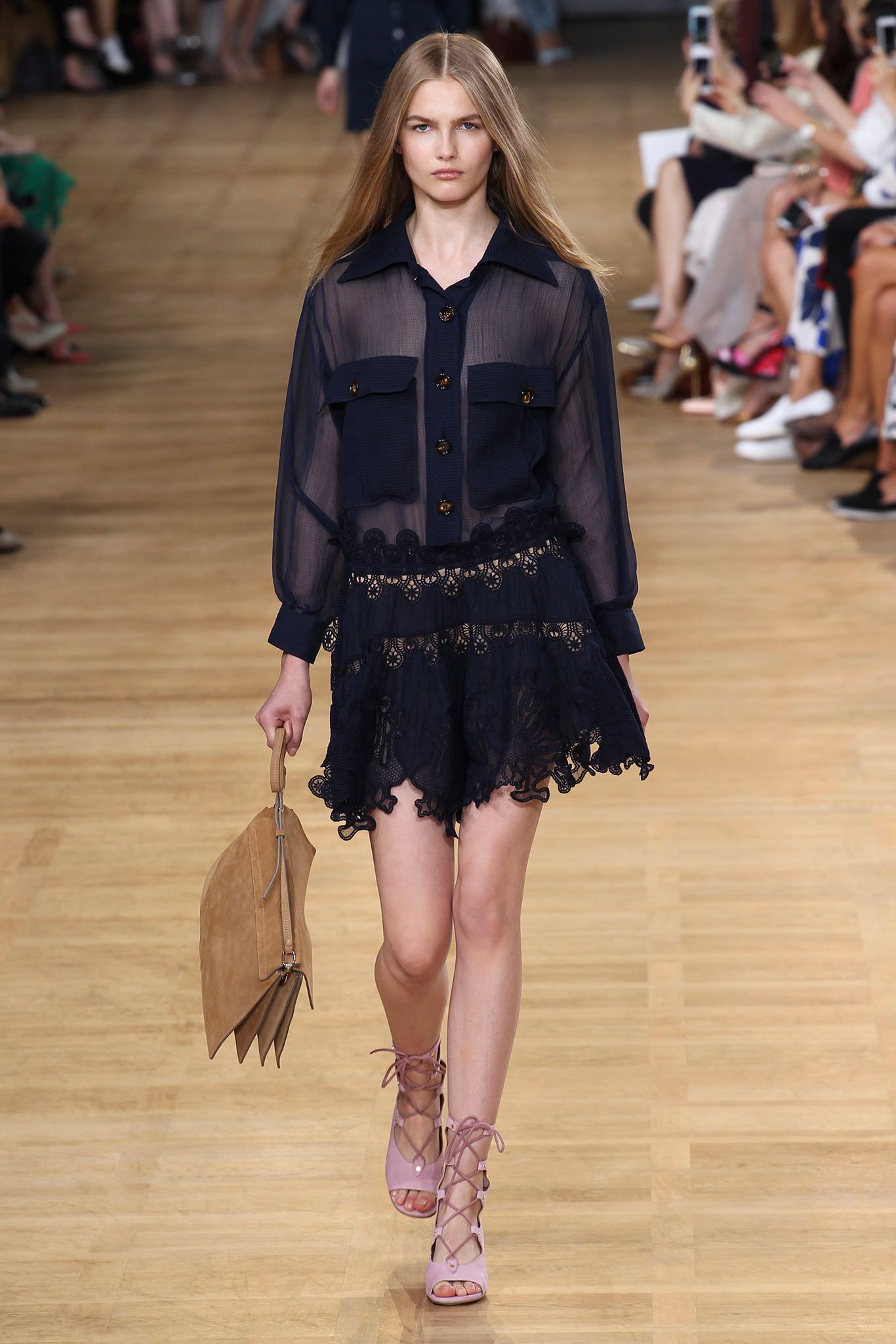 blue chiffon long-sleeve collared buttoned ruffled mini-dress